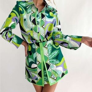 Zara Vibrant Green and Purple Mini Skirt + Blouse